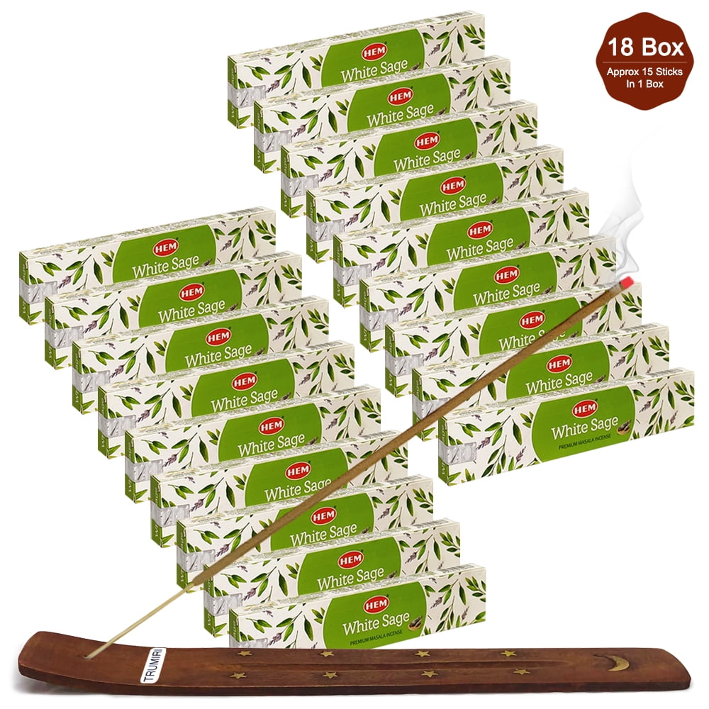 Trumiri Incense Stick Holder Bundle with Hem White Sage Masala 15g Incense Sticks - Pack of 18 (approx 270 Sticks)