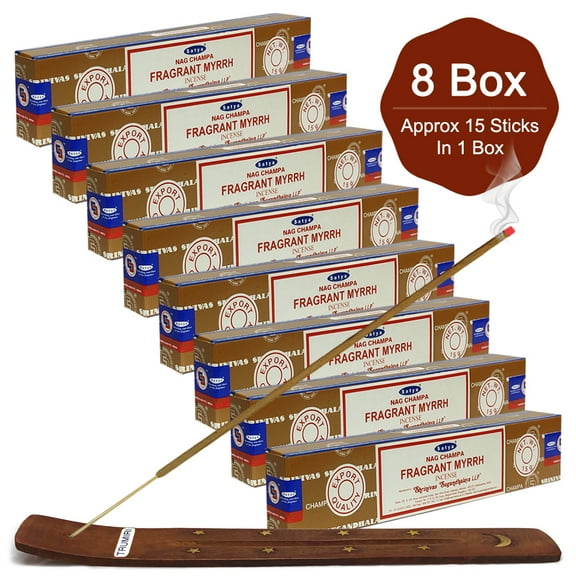 Trumiri Incense Stick Holder Bundle with Satya Nag Champa Fragrant Myrhh 15g Incense Sticks - Pack of 8 (approx 120 Sticks)