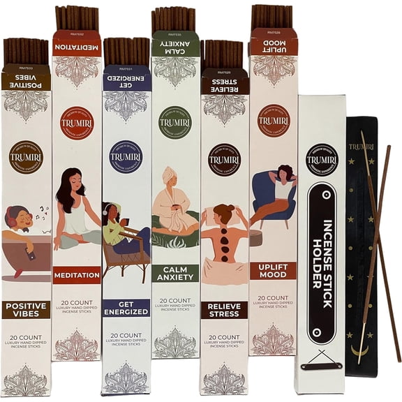 Trumiri Incense Sticks - Aroma Sticks - Total 120 Insence-Sticks (20 Insense x 6 Incence) - Calm Anxiety, Positive Vibes, Meditation, Get Energized, Relieve Stress, Uplift Mood with Incense Holder