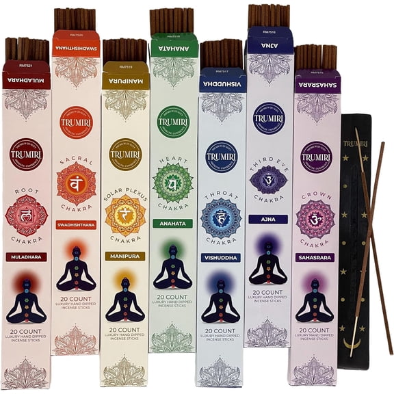 Trumiri Incense Sticks - Chakra Incense - Total 140 Insence-Sticks (20 Insense x 7 Incence) - Incense Set( Root, Sacral, Solar Plexus, Heart, Throat, Third Eye, Crown Chakra ) with Incense Holder