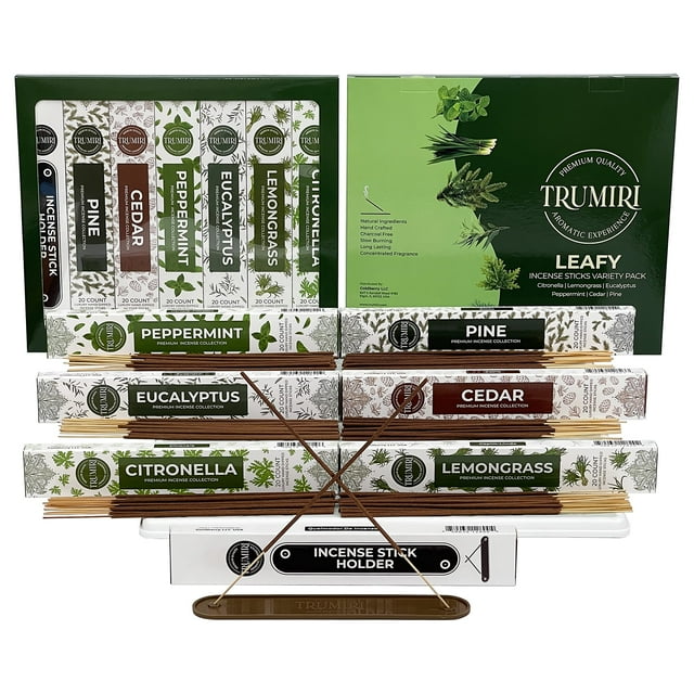 Trumiri Leafy Incense Sticks Variety Pack & Incense Burner Gift Set 120 Incents (6