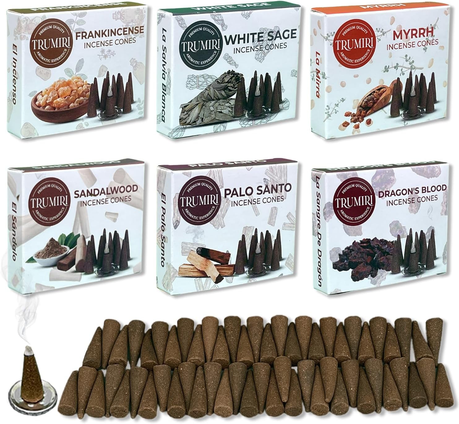 Trumiri Woody Incense Cones - Variety Pack - Total 60 Cone Incense (6 Scents x 10 Conos) - White Sage, Palo Santo, Dragons Blood, Sandalwood - Cone Incense Scents - Insense Cones - Incent Cone