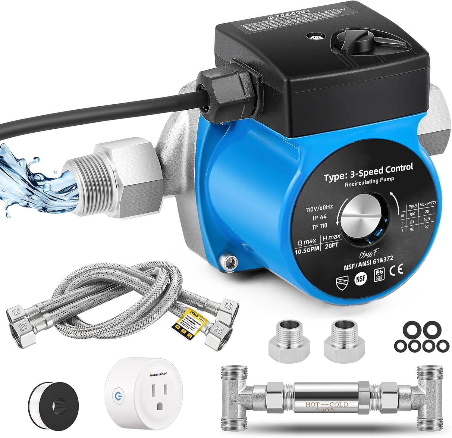 Trumoontree Instant Hot Water Recirculating Pump with Stainless Steel Sensor Valve 20-inch PEX Supply Lines, WIFI smart plug, 3-Speed Control Extremely Quite