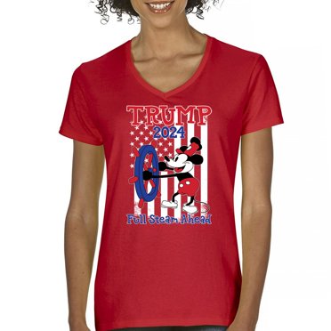 Trump 2024 Full Steam Ahead Women's V-Neck T-shirt Steamboat Willie MAGA Take America Back 47 President USA First Rally Tee