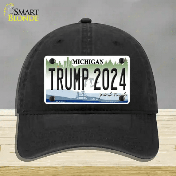 Trump 2024 Michigan Novelty License Plate Hat Unconstructed Cotton Black