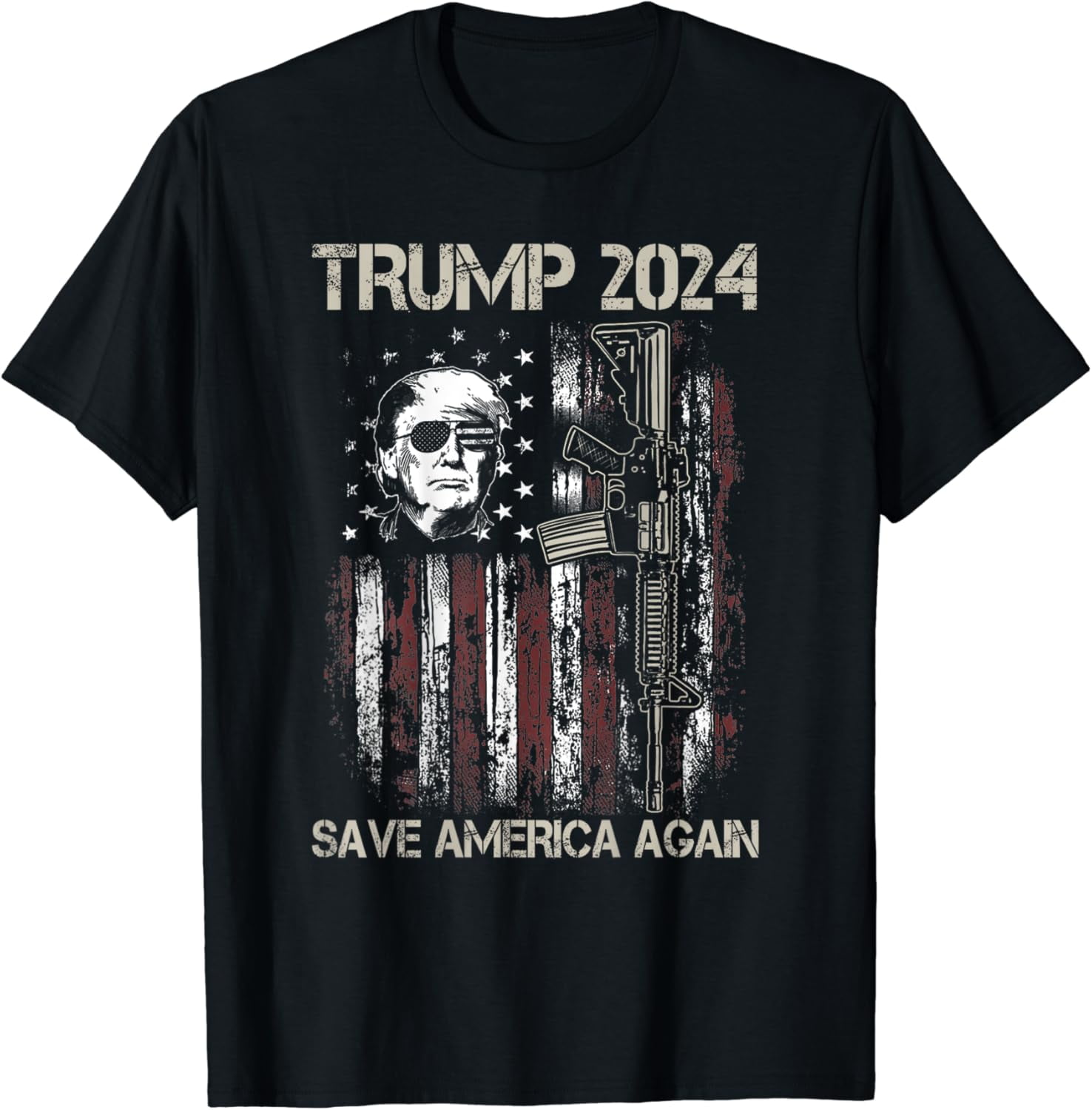 Trump 2024 Save America Again USA Flag Gun Patriotic ON BACK T-Shirt ...