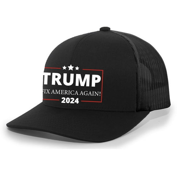 Trump Fix American Again 2024 Hat Mens Embroidered Mesh Back Trucker Hat Baseball Cap, Black/Black