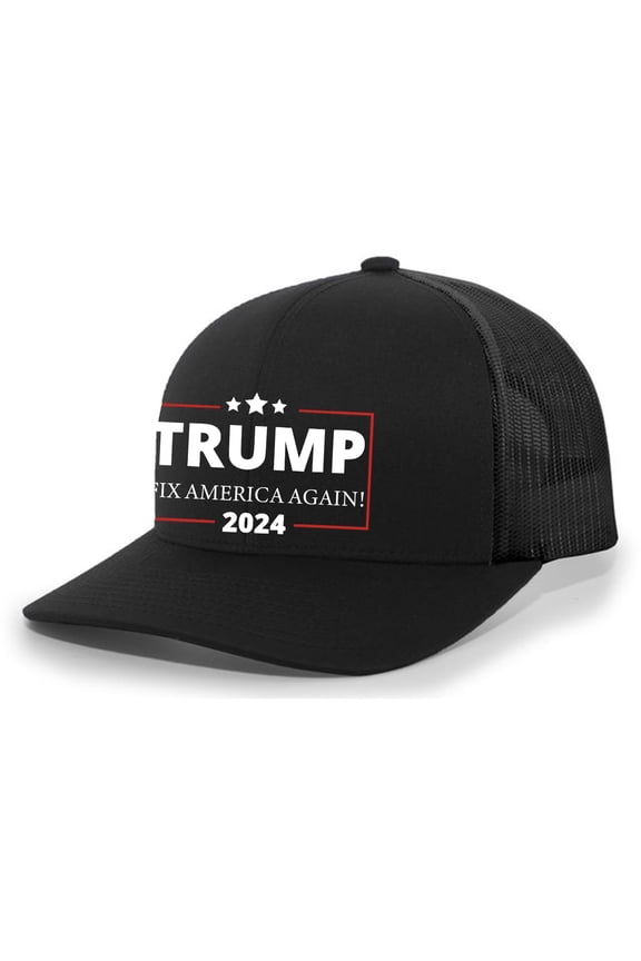 Trump Fix American Again 2024 Hat Mens Embroidered Mesh Back Trucker Hat Baseball Cap, Black/Black