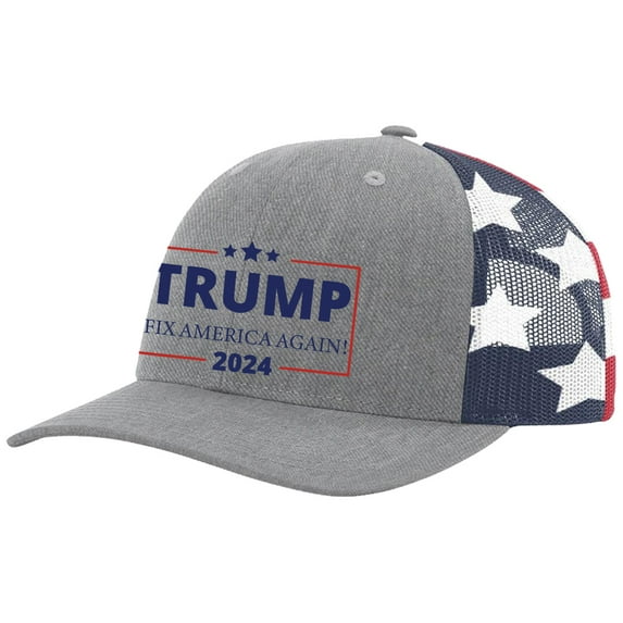 Trump Fix American Again 2024 Hat Mens Embroidered Mesh Back Trucker Hat Baseball Cap, Heather Grey/American Flag