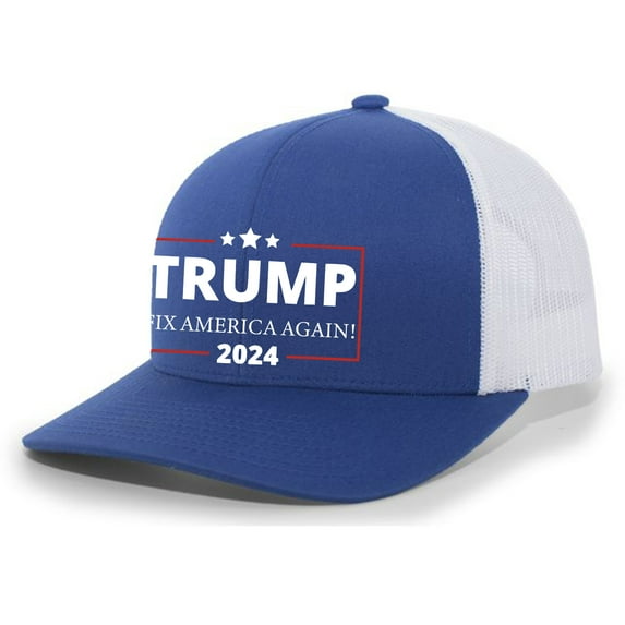 Trump Fix American Again 2024 Hat Mens Embroidered Mesh Back Trucker Hat Baseball Cap, Royal/White