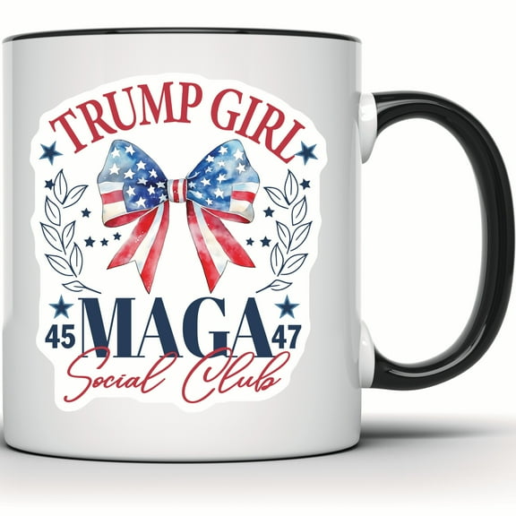 Trump Girl MAGA Mug - Patriotic American Flag Bow, Conservative Republican Gift, USA Political Mug - 11 Ounce Black Rim Handle Novelty Coffee Cup - WMUG0614-Black Rim