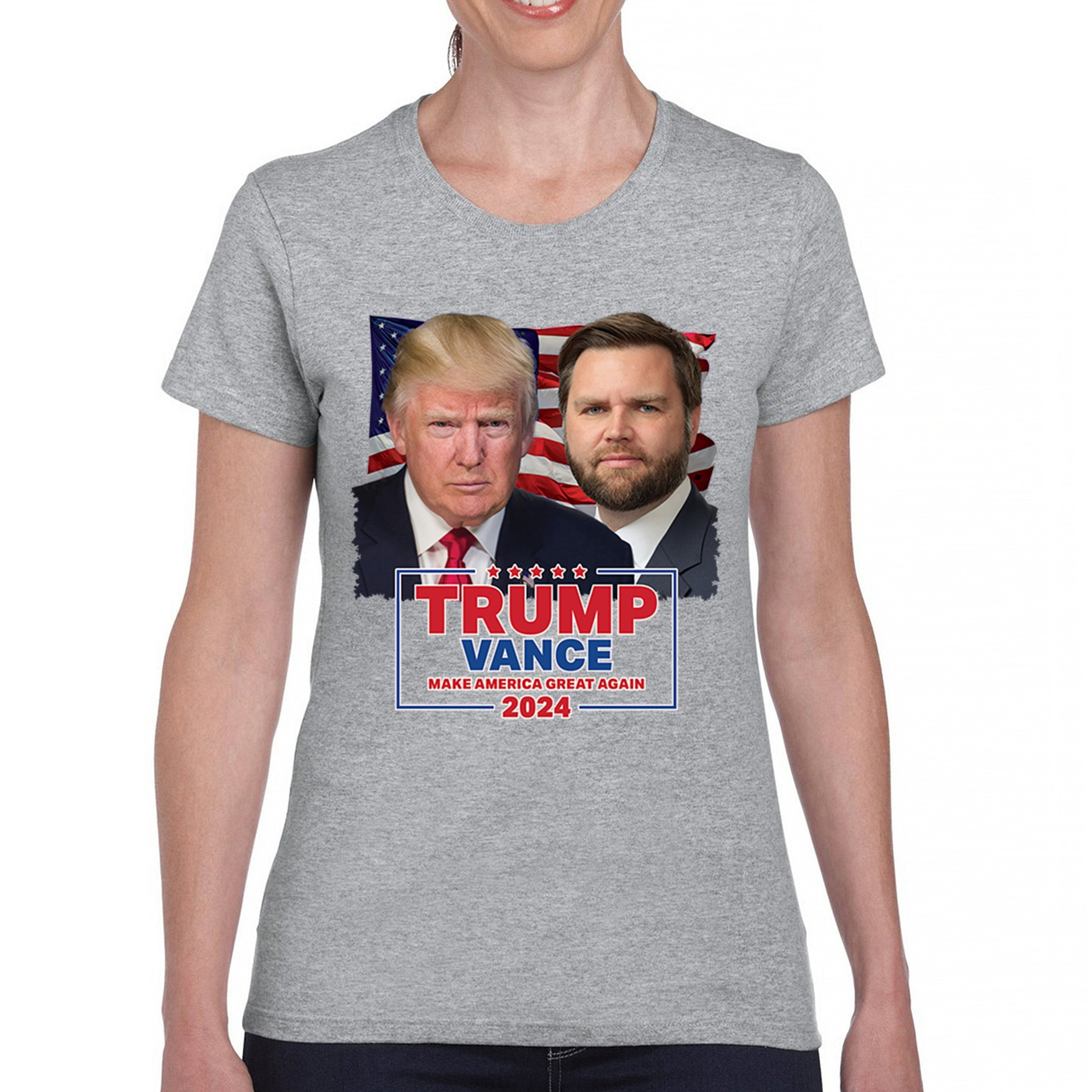 T-shirt Trump 2024 donna con scollo a V Rieleggere Donald Trump