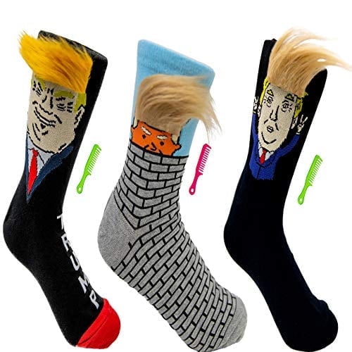 EYELOV 3 Pack Funny Donald Trump Socks with Comb Over Hair & Brush for 2024 President Birthday Gifts for Men - Unique Mens Gifts & Trump Gifts for Republicans
