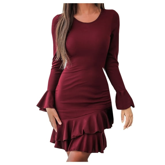 Trumpet Long Sleeve Dress for Women Crewneck Solid Color Slim Fitted Ruffle Dress Fashion Sexy Casual Work Mini Dress