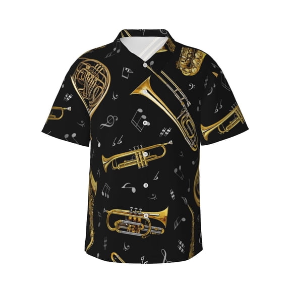 Trumpet Musical Notes Men'S 3d Print Casual Button Down Shirts, Novelty Hawaiian Short Sleeves 2xl