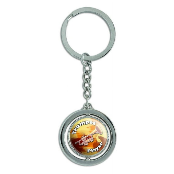 Trumpet Player Band Instrument Brass Spinning Circle Metal Keychain