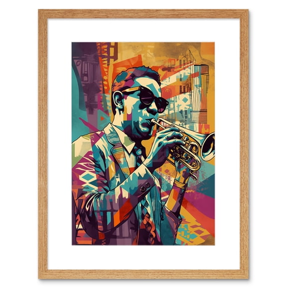 Trumpet Player Jazz Musician with Sunglasses Modern Colour Linocut Print Artwork Framed Wall Art Print 9X7 Inch