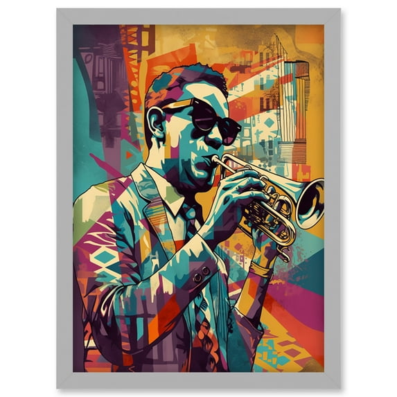 Trumpet Player Jazz Musician with Sunglasses Modern Colour Linocut Print Artwork Framed Wall Art Print A4
