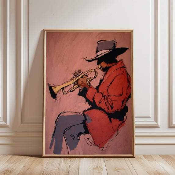 Trumpet Player Poster, Jazz, Red Coat, Sketch Style , Poster Print Only ...