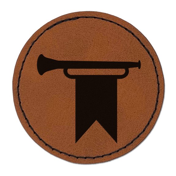 Trumpet and Banner Royal Medieval 2.5" Faux Leather Round Engraved Iron-On Patch - Brown