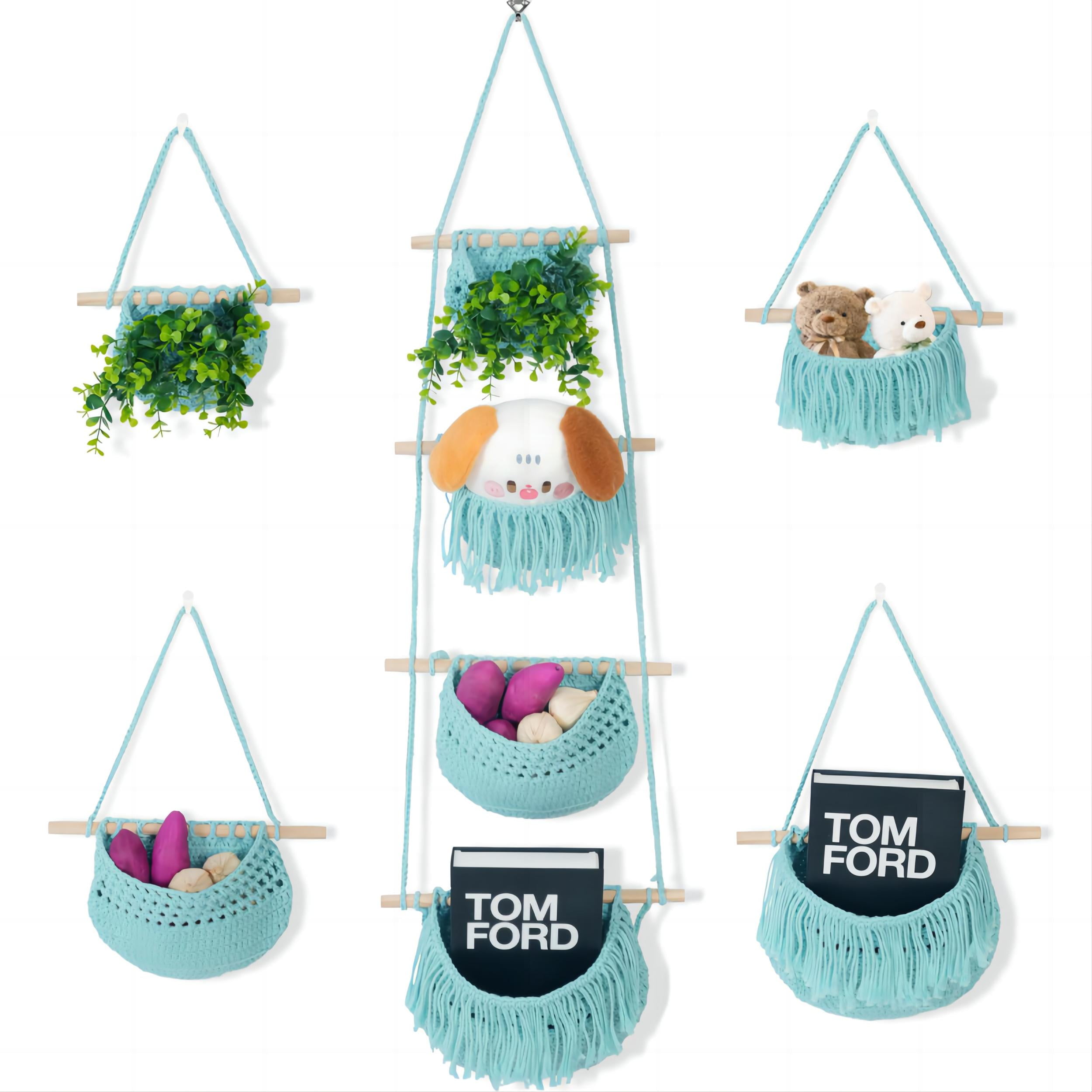 4 Tier Hanging Fruit Basket, Aqua Boho Handwoven Cotton Rope Macrame Fruit Storage for Kitchen Bathroom Bedroom, Detachable Wall Hanging Basket Over Door Organizer for Fruit Veggie Plant Decor