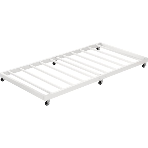 Trundle Bed Twin with 6 Lockable Casters, Roll Out Twin Trundle Bed Frame with Steel Slats, Easy Assembly, Noise-Free Design, Easy to Store in Bedroom, Living Room, Or Guest Room, White