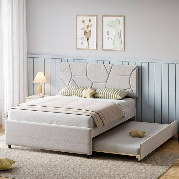 Trundle Bed Twin, Full Size Upholstered Platform Bed Frame, Pull Out Bed with Headboard, Wood Slat Support, for Bedroom, Living Room, Guest Room