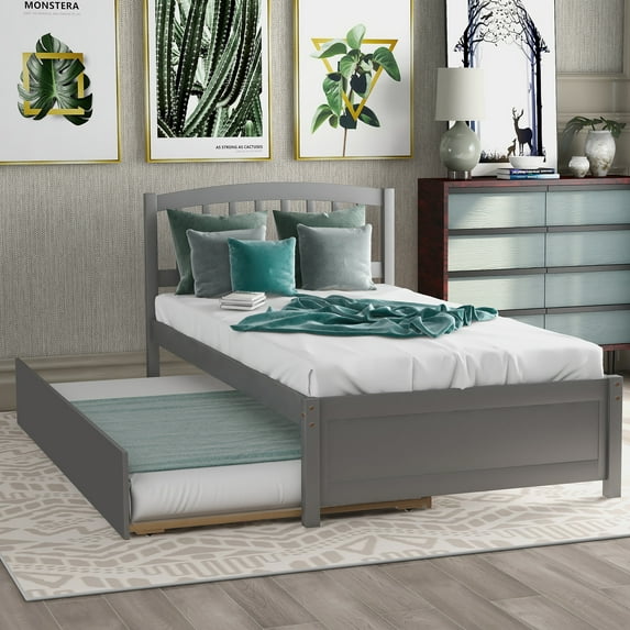 Trundle Bed Twin, Pine Wood Platform Bed Frame Twin Size with Trundle Included and Headboard for Boys Girls Bedroom Small Living Space, No Box Spring Needed, Gray, LJ3126