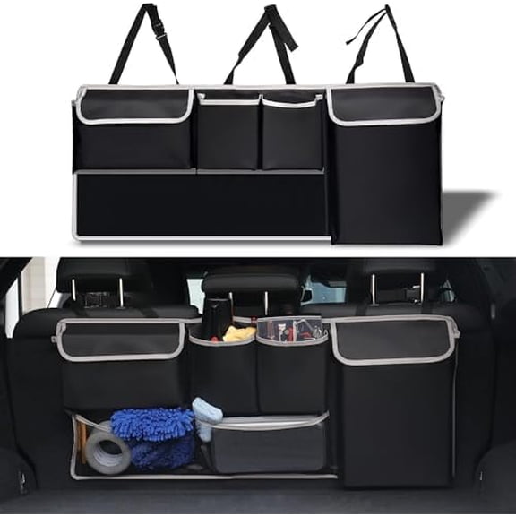 Trunk Hanging Organizer, Backseat Bag, Car Interior Accessories with 4 Pockets & 2 Mesh Pouches for Groceries, Will Provide More Storage Trunk Space for SUV, Jeep, MPVs