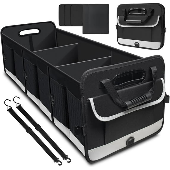 Trunk Organizer for Car, 95L Large Capacity Storage with Non-Slip Bottom Strips and 2 Retractable Straps, Cargo Organizer for Suv, Truck, Sedan, Waterproof Portable Car Organizers for Women Men