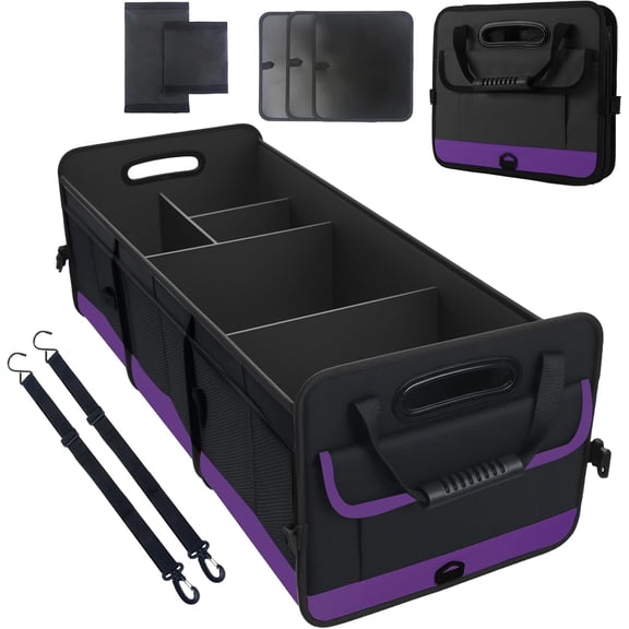 Trunk Organizer for Car, Sturdy Storage Organization with Non-Slip Bottom Strips, 95L Large Capacity Cargo Organizer for Suv, Truck, Sedan, Waterproof Portable Car Organizers for Women Men(Purple)
