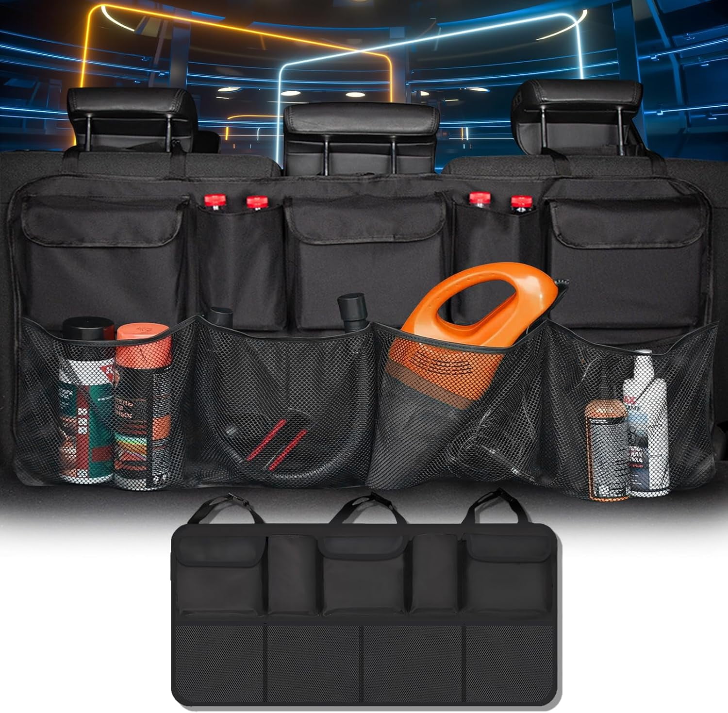 Trunk Organizer for SUV,Car Organizers and Storage Back Seat Foldable Organization,42.5 Truck Tool Box Organizer Cargo Net Accessories Trunk Caddy Aotomotive Hanging Storage Black