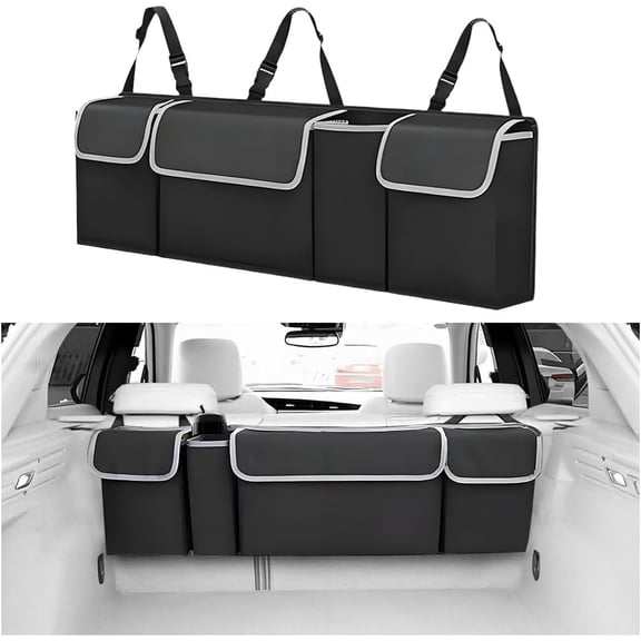 Trunk Organizer with Lid, Large Backseat Storage Bag with 4 Pockets & Adjustable Straps, Collapsible Automotive Interior Cargo Bag, Fit (Black)