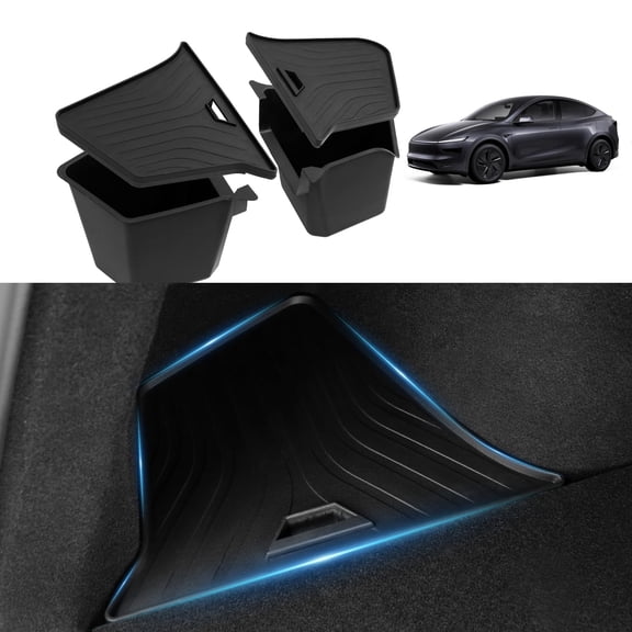 Trunk Storage Bins with Lids for 2026 Tesla Model Y Juniper 5 Seater, 2PCS TPE Side Cargo Organizer Boxes, Rear Trunk Containers with TPE Covers, Custom Fit Tesla Model Y Juniper Accessories