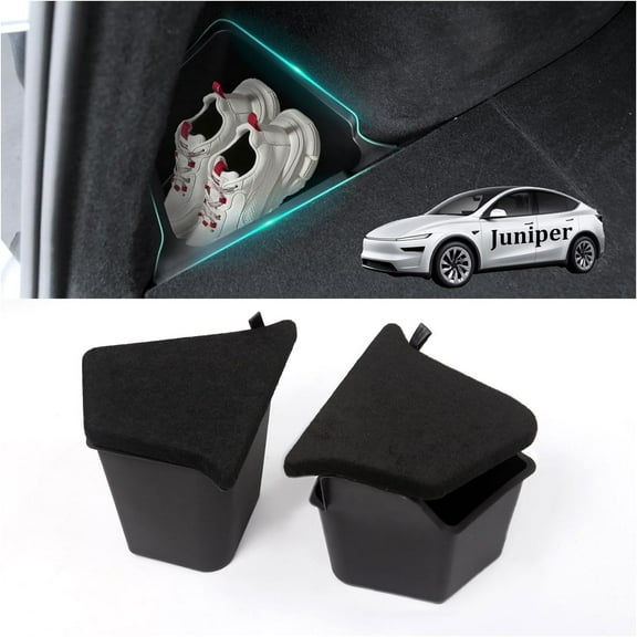 Trunk Storage Bins Organizer for 2025 2026 Tesla Model Y Juniper 5-Seater, 2PCS Large-Capacity Rear Side Boxes with Carpeted Lid Interior Accessories