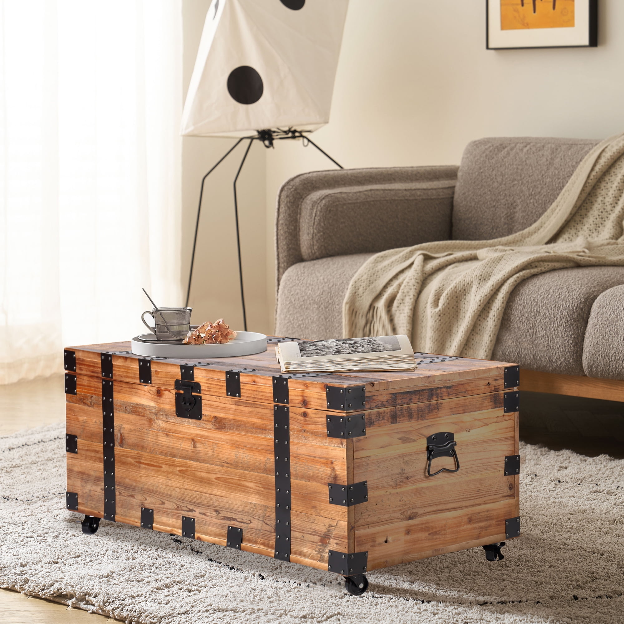Trunk Table with four wheel Large capacity storage Coffee table NaturalReclaimed Wood Black Metal