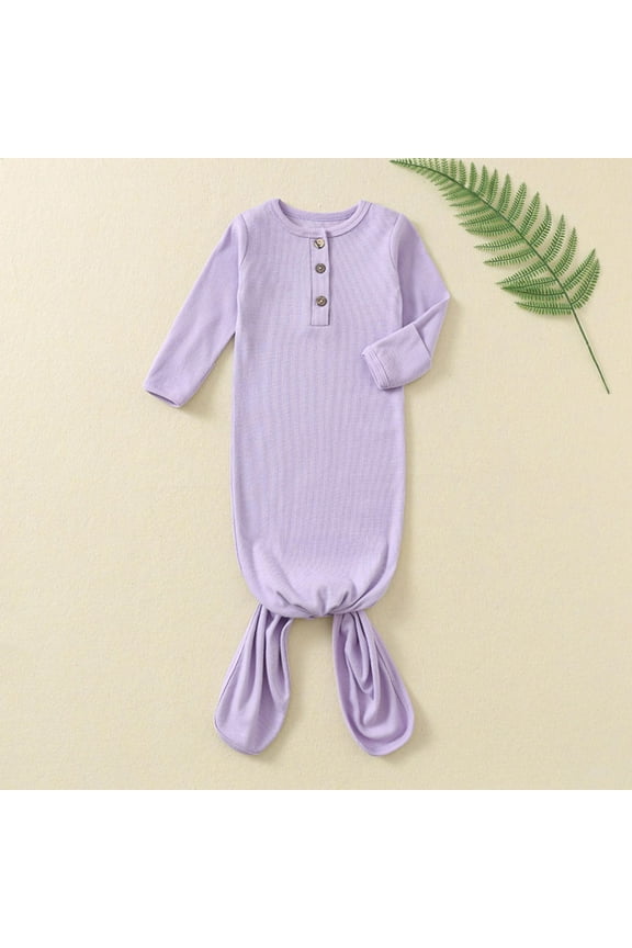 100% Cotton Baby Swaddle Gown - Purple, Free Size (0-3 Months) - Knotted Bottom, Footed, Henley Buttons, Breathable Hypoallergenic, Infant Sleep & Photo Gown