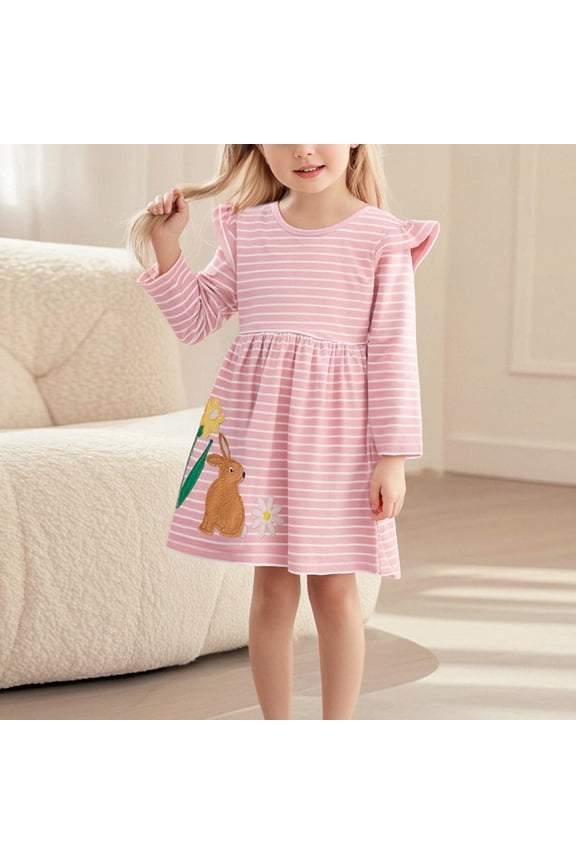 Cotton Girls Dress 7 Years Old - Pink Juniors Dress with Bunny Embroidery, Ruffled Shoulder for Easter & Everyday School