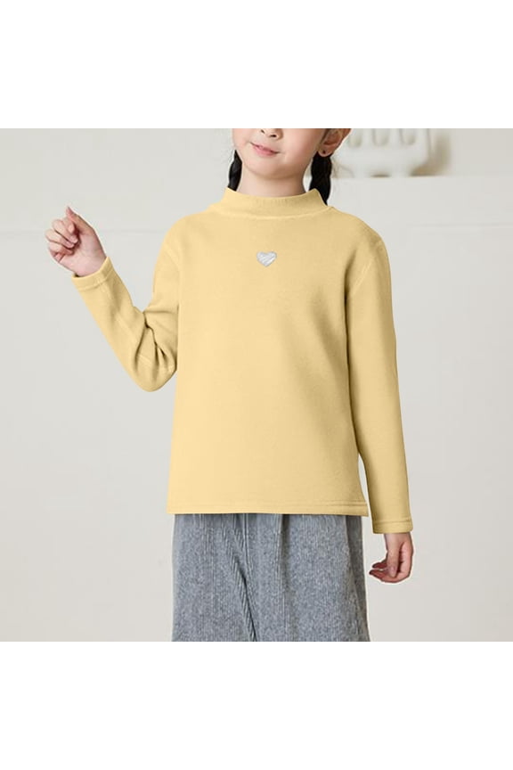100% Cotton Girls' Yellow Long Sleeve High Neck Top - Cute Heart Detail, Breathable Comfortable Daily Wear for Kids Ages 4-12 (Size 110-170),Size 11-12T