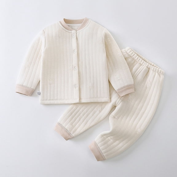 Trupants 100% Cotton Kids Girl Outfit Set - Three-Layer Quilted Soft Breathable Chemical-Free Cardigan Top & Elastic Waist Pants, Beige, 6M-4Y,Size 1 T