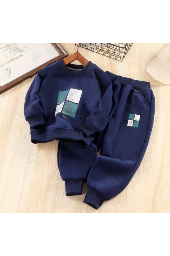Cotton Navy Tracksuit Set for Boys - 2-Piece (Top+Pants) with Graphic Prints, Ribbed Waistband, Breathable for School/Playdates (1-12Y),Size 9 Months