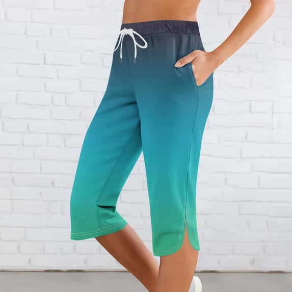 FAIOROI 2025 Trendy Green Womens Casual Pants with Pockets for Summer Ladies Comfortable Stretch Capris Capri Pants XL
