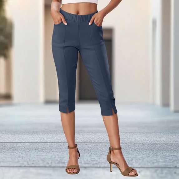 fnnxnal 2025 Trendy Navy Womens Stretch Casual Yoga Capris with Elastic Waist for Summer Ladies Comfortable Capri Pants Tights 2XL Womens Stylish Capris