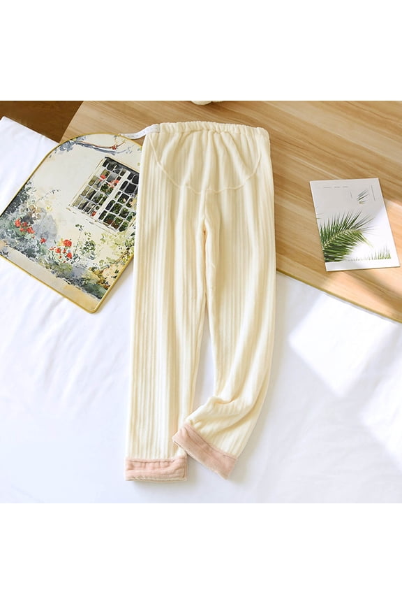 Beige Adjustable Waist Fleece-Lined Maternity Pants - 100% Polyester All-Trimester Lounge Sleep Pants for Women, Non-Constricting & Machine Washable,Size XL