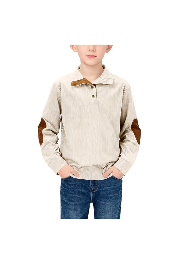 Beige Boys Corduroy Long Sleeve Shirt - Vintage Retro with Elbow Patches, 98% Cotton 2% Spandex, Comfortable Casual Top for Kids 5-15 Years,Size 14-15 T