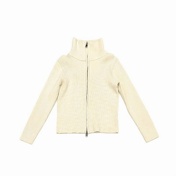 fnnxnal Beige High-Neck Zip-Up Jacket for Girls - Stretchy Polyester Spandex Kids Jacket with Two-Way Zipper Easy On/Off (2-13 Years),Size 2 T