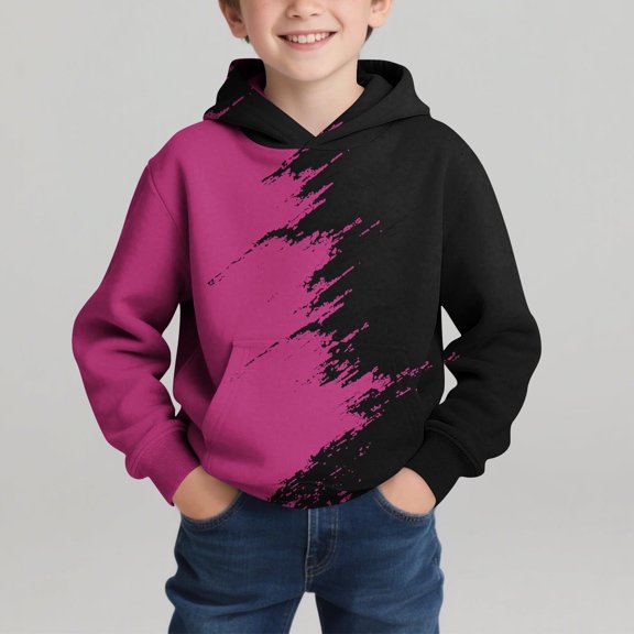 FAIOROI Big Boys' 13T Hot Pink & Black Hoodie - Durable Soft Polyester Spandex, Color Block Brush Stroke, Warm Hood & Kangaroo Pocket for Casual Outings/School/Playdates