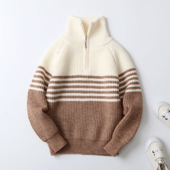 fnnxnal Big Boys 9-10T Coffee Warm Knit Cotton Striped Half-Zip Turtleneck Sweater for Fall & Winter