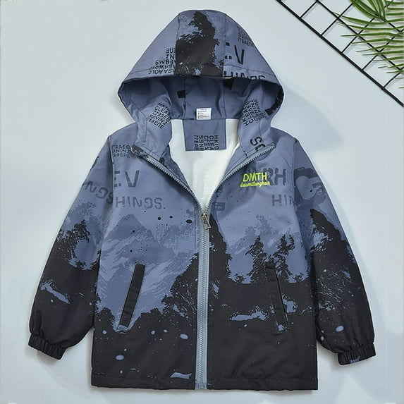 fnnxnal Big Boys' Blue 13T Cotton Jacket - Mountain Print Hooded Windbreaker, Versatile Outerwear for Active Play & Outdoor Activities