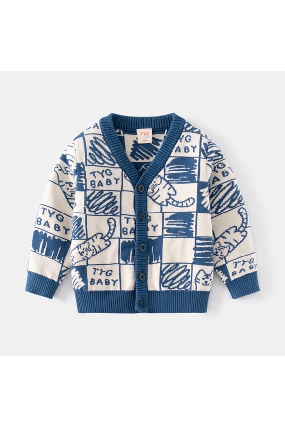 Big Boys Blue Checkered Cardigan 7T - Knit Cotton, Cute Cat Design, V-Neck Button-Front, Machine-Washable, Kids Everyday Layering Outerwear